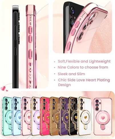 for Samsung Galaxy S25 FE Cute Love Heart Kickstand Woman Girls Phone Case with Screen Protector: Luxury Plated Gold Edge Slim Soft TPU Full Camera Protection Cover for Galaxy S25 FE (Pink) in Saudi Arabia