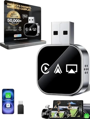 2026 Upgraded 3-in-1 Wireless CarPlay Adapter for iPhone & Android Auto, 5.8G WiFi No-Lag Dongle, Wired to Wireless Converter with Mirror Link 4K Streaming, Fits 98% Cars (USB-A/C) in Kuwait