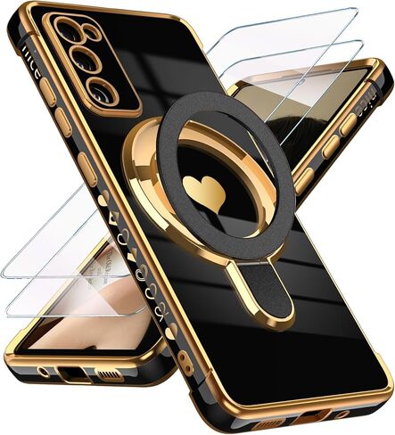 for Samsung Galaxy S25 FE Cute Love Heart Kickstand Woman Girls Phone Case with Screen Protector: Luxury Plated Gold Edge Slim Soft TPU Full Camera Protection Cover for Galaxy S25 FE (Pink) in Saudi Arabia