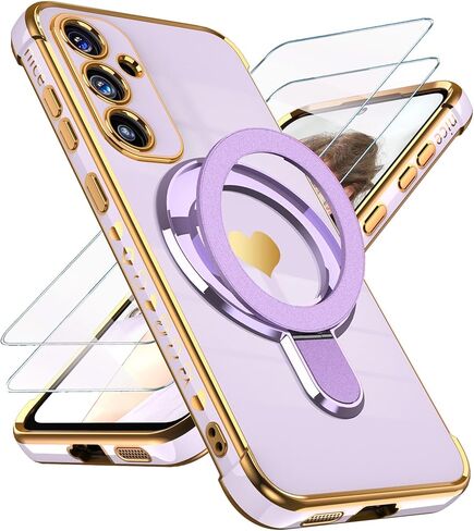 for Samsung Galaxy S25 FE Cute Love Heart Kickstand Woman Girls Phone Case with Screen Protector: Luxury Plated Gold Edge Slim Soft TPU Full Camera Protection Cover for Galaxy S25 FE (Pink) in Saudi Arabia