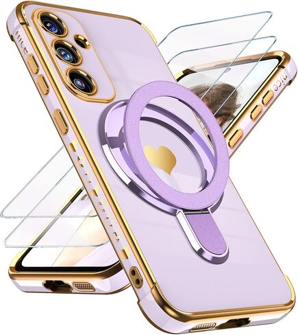 for Samsung Galaxy S25 FE Cute Love Heart Kickstand Woman Girls Phone Case with Screen Protector: Luxury Plated Gold Edge Slim Soft TPU Full Camera Protection Cover for Galaxy S25 FE (Pink) in Saudi Arabia