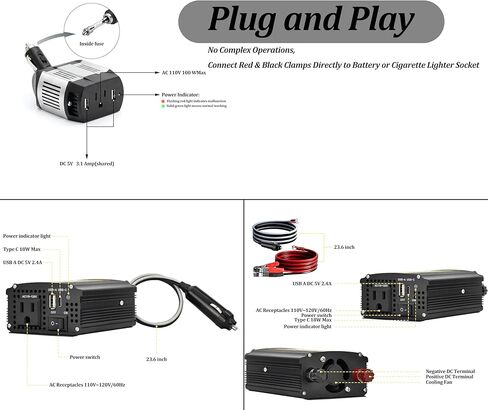 محول طاقة موجة جيبية مدمج وخفيف الوزن معدل DC12V إلى AC110-120V 60 هرتز مع طاقة الإخراج المقدرة 100 واط، 200 واط، 300 واط، 400 واط للاختيار ((400، واط) in Kuwait