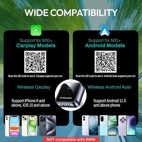 2026 [2 في 1] أحدث محول CarPlay & Android Auto اللاسلكي، يحول السلك إلى لاسلكي، إعادة توصيل تلقائي سريع، واي فاي ثنائي النطاق 5 جيجا هرتز + بلوتوث 5.3، متوافق مع USB-A وUSB-C، تصميم صغير in Kuwait