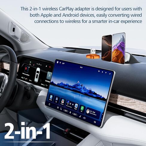 محول CarPlay لاسلكي 2 في 1 ومحول Android Auto - ترقية Car Play Mini السلكي إلى محول لاسلكي | التوصيل والتشغيل، اتصال مستقر بدون تأخير لأجهزة iPhone وAndroid، برتقالي in Kuwait