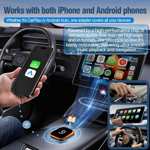 محول CarPlay لاسلكي 2 في 1 ومحول Android Auto - ترقية Car Play Mini السلكي إلى محول لاسلكي | التوصيل والتشغيل، اتصال مستقر بدون تأخير لأجهزة iPhone وAndroid، برتقالي in Kuwait
