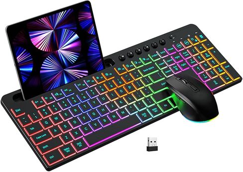 Wireless Keyboard and Mouse Combo, 115 Keys RGB Backlight Keyboard with Numeric Keypad and Multimedia Control, Adjustable Stand Slot for Phone Tablet, with 6 Buttons Mouse in Kuwait