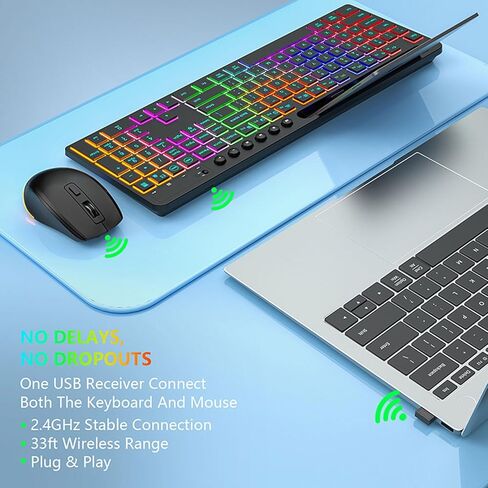 Wireless Keyboard and Mouse Combo, 115 Keys RGB Backlight Keyboard with Numeric Keypad and Multimedia Control, Adjustable Stand Slot for Phone Tablet, with 6 Buttons Mouse in Kuwait