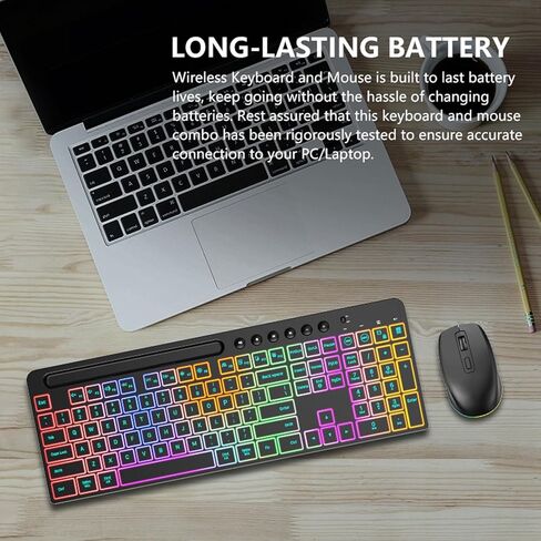 Wireless Keyboard and Mouse Combo, 115 Keys RGB Backlight Keyboard with Numeric Keypad and Multimedia Control, Adjustable Stand Slot for Phone Tablet, with 6 Buttons Mouse in Kuwait