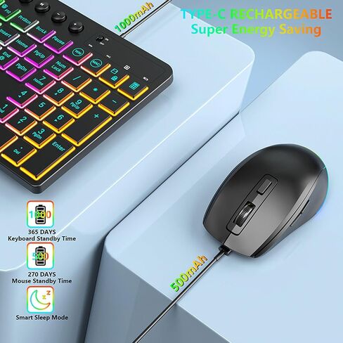Wireless Keyboard and Mouse Combo, 115 Keys RGB Backlight Keyboard with Numeric Keypad and Multimedia Control, Adjustable Stand Slot for Phone Tablet, with 6 Buttons Mouse in Kuwait