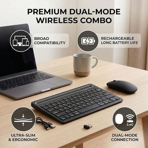 Yunseity Wireless Keyboard Mouse Combo, Dual Mode Bluetooth 5.0 and 2.4G Rechargeable, with Ergonomic Mouse and Scissor Switch Keys, for PC Laptop Tablet Phone iOS OS X in Kuwait