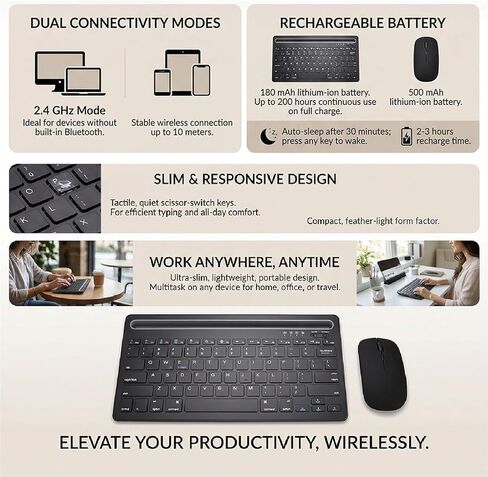 Yunseity Wireless Keyboard Mouse Combo, Dual Mode Bluetooth 5.0 and 2.4G Rechargeable, with Ergonomic Mouse and Scissor Switch Keys, for PC Laptop Tablet Phone iOS OS X in Kuwait