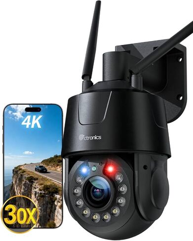 كاميرا مراقبة Ctronics 4K خارجية، تكبير بصري 30×، تتبع تلقائي، رؤية ليلية 150 مترًا، إنذار R&B، 32 إعدادًا مسبقًا/2 مسار دورية، شبكة Wi-Fi مزدوجة النطاق، عقلي، 256 جيجابايت TF/FTP/NVR/Cloud، جهاز كمبيوتر/تطبيق in Kuwait
