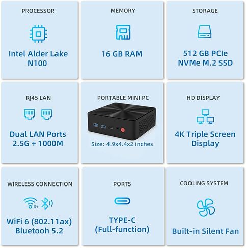 كمبيوتر صغير، Intel Alder Lake N100 (يصل إلى 3.4 جيجا هرتز)، ذاكرة وصول عشوائي 16 جيجا بايت 512 جيجا بايت M.2 SSD ثنائي الشبكة المحلية، أجهزة كمبيوتر مكتبية صغيرة Windows 11، شاشة ثلاثية 4K، نوع C، WiFi 6، BT 5.2، كمبيوتر صغير للمكتب المنزلي والعودة إلى ا in Kuwait