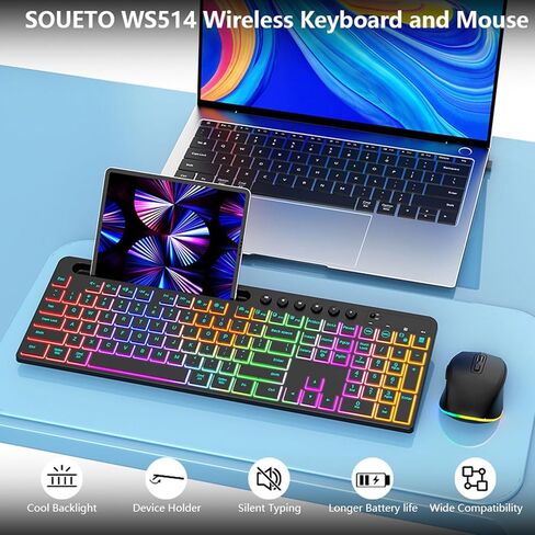 Diyeeni لوحة مفاتيح وماوس لاسلكية كومبو 115 مفتاح RGB بإضاءة خلفية قابلة للتعديل وفتحة حامل 6 مفاتيح وسائط متعددة و6 أزرار ماوس مع 800/1200/1600 نقطة في البوصة للألعاب المنزلية والمكاتب in Kuwait