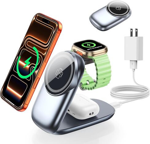 3-in-1 Wireless Charging Station for MagSafe,Foldable Magnetic Stand for iPhone 17/16/15-12 Series, Apple Watch/AirPods,Fast Charger for Qi Phones - Ideal for Home/Office/Travel (White, Normal) in Kuwait