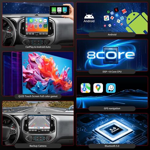 QLED Radio for Chevy Chevrolet Colorado GMC Canyon Upgrade for 2015 2016 2017 2018 2019 Non-Bose Models,Carbon Fiber Style,Touch Screen Stereo Replacement,Wireless carplay Android auto,4G Network in Kuwait