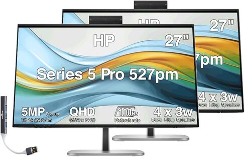 HP Series 5 Pro 527pm 27" QHD USB-C Conferencing Monitor, 5MP Pop-up Webcam, 4x3W Speakers, VESA Mount (100mm), Displayport, HDMI & Dockztorm USB Port Expander, Black/Silver (9E0Y9UT#ABA) in Kuwait