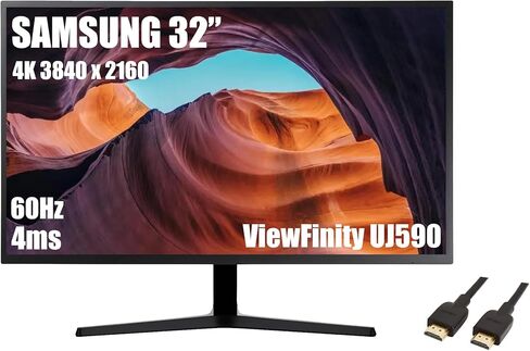 شاشة سامسونج 32 بوصة من سلسلة ViewFinity UJ59، شاشة 4K UHD (3840x2160)، 60 هرتز، 4 مللي ثانية، AMD FreeSync، منفذ HDMI/عرض، وضع توفير العين/الوميض، رمادي داكن/أزرق، مع كابل MTC HDMI in Kuwait