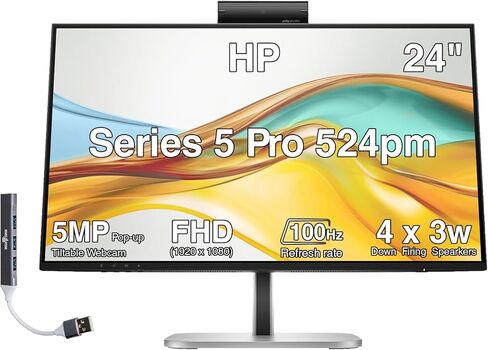 شاشة مؤتمرات HP Series 5 Pro 524pm 24 بوصة FHD USB-C، كاميرا ويب منبثقة 5 ميجابكسل، مكبرات صوت 4 × 3 وات، حامل VESA (100 مم)، منفذ عرض، HDMI ومنفذ USB Dockztorm، أسود/فضي (9E0G9UT#ABA) in Kuwait