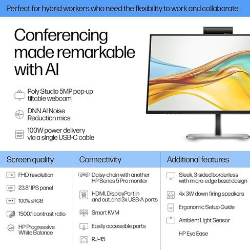 شاشة مؤتمرات HP Series 5 Pro 524pm 24 بوصة FHD USB-C، كاميرا ويب منبثقة 5 ميجابكسل، مكبرات صوت 4 × 3 وات، حامل VESA (100 مم)، منفذ عرض، HDMI ومنفذ USB Dockztorm، أسود/فضي (9E0G9UT#ABA) in Kuwait