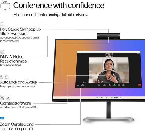 شاشة مؤتمرات HP Series 5 Pro 524pm 24 بوصة FHD USB-C، كاميرا ويب منبثقة 5 ميجابكسل، مكبرات صوت 4 × 3 وات، حامل VESA (100 مم)، منفذ عرض، HDMI ومنفذ USB Dockztorm، أسود/فضي (9E0G9UT#ABA) in Kuwait