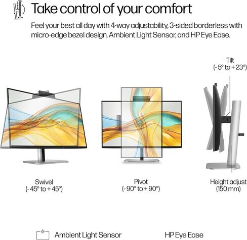 شاشة مؤتمرات HP Series 5 Pro 524pm 24 بوصة FHD USB-C، كاميرا ويب منبثقة 5 ميجابكسل، مكبرات صوت 4 × 3 وات، حامل VESA (100 مم)، منفذ عرض، HDMI ومنفذ USB Dockztorm، أسود/فضي (9E0G9UT#ABA) in Kuwait