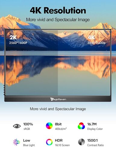 شاشة كمبيوتر محمول MAGICRAVEN 4K، شاشة كمبيوتر محمول مقاس 16 بوصة 3840 × 2400 IPS، 1500: 1، شاشة 400 شمعة في المتر المربع USB C HDMI لألعاب الكمبيوتر مع مكبرات صوت وغطاء ذكي، شاشة سفر لهاتف الكمبيوتر PS5/4 Xbox Switch in Kuwait