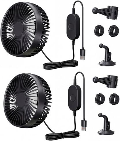 2 Set Car Fan USB Powered for Front and Rear seats Portable Automobile Ventilation Cooling Fans with Clip, 2 Installation Methods, 3 Speed 360° Rotatable for Vehicle, Van, Truck, SUV, RV in Kuwait