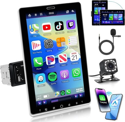 10.4 بوصة واحدة Din سيارة ستيريو لاسلكية CarPlay Android Auto Mirror Link، Rimoody دوران 2.5D شاشة تعمل باللمس 1280x800 راديو سيارة مع BT FM/RDS/EQ USB/AUX/TF/SWC/MIC كاميرا احتياطية لمستقبل صوت السيارة in Kuwait