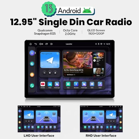 راديو Joying Single Din يعمل باللمس 12.95 بوصة ستيريو سيارة مع Apple Carplay وAndroid Auto، 4GB+64GB Android 13 وحدة رئيسية مع وصلة مرآة، AM/FM، بلوتوث، SWC، GPS (JY-UTS14N4) in Kuwait
