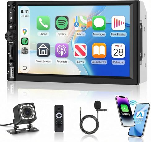 راديو سيارة مزدوج الدين مقاس 7 بوصة، CarPlay Android Auto لاسلكي، راديو بشاشة تعمل باللمس 2 Din، ستيريو بلوتوث Carplay، وحدة رأس مزدوجة وصلة مرآة، FM EQ AUX USB، SWC، كاميرا احتياطية in Kuwait