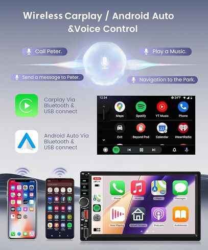 راديو سيارة مزدوج الدين مقاس 7 بوصة، CarPlay Android Auto لاسلكي، راديو بشاشة تعمل باللمس 2 Din، ستيريو بلوتوث Carplay، وحدة رأس مزدوجة وصلة مرآة، FM EQ AUX USB، SWC، كاميرا احتياطية in Kuwait