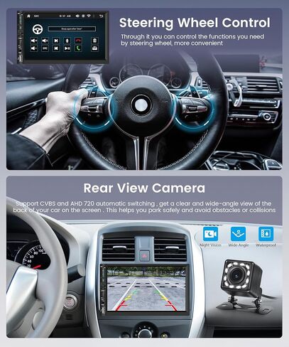 راديو سيارة مزدوج الدين مقاس 7 بوصة، CarPlay Android Auto لاسلكي، راديو بشاشة تعمل باللمس 2 Din، ستيريو بلوتوث Carplay، وحدة رأس مزدوجة وصلة مرآة، FM EQ AUX USB، SWC، كاميرا احتياطية in Kuwait