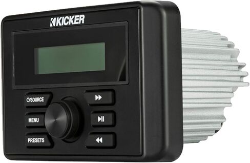جهاز استقبال ستيريو بلوتوث USB من كيكر مناسب لجميع الأحوال الجوية مع مكبرات صوت بحرية سوداء بقدرة 6.5 بوصة بقدرة 150 وات في اتجاهين (الكمية 4)، وسلك مكبر صوت بطول 50 قدمًا وقياس 16 in Kuwait