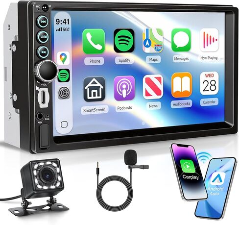 راديو سيارة مزدوج الدين مقاس 7 بوصة، CarPlay Android Auto لاسلكي، راديو بشاشة تعمل باللمس 2 Din، ستيريو بلوتوث Carplay، وحدة رأس مزدوجة وصلة مرآة، FM EQ AUX USB، SWC، كاميرا احتياطية in Kuwait