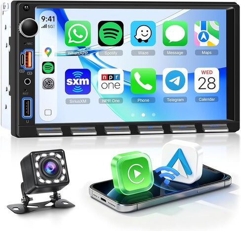 راديو سيارة مزدوج الدين مقاس 7 بوصة، CarPlay Android Auto لاسلكي، راديو بشاشة تعمل باللمس 2 Din، ستيريو بلوتوث Carplay، وحدة رأس مزدوجة وصلة مرآة، FM EQ AUX USB، SWC، كاميرا احتياطية in Kuwait
