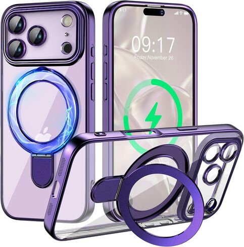 حافظة مغناطيسية لهاتف iPhone 17 مع حامل غير مرئي [متوافقة مع MagSafe] [واقي عدسة الكاميرا بالكامل] [حماية من السقوط العسكري] مقاومة للصدمات ولا تصفر وشفافة وناعمة للنساء والرجال in Kuwait