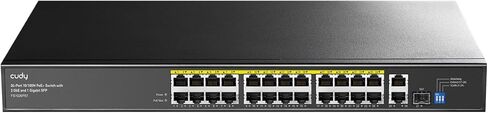محول Cudy 100Mbps Ethernet غير مُدار PoE+، 300 وات، 24 منفذ FbE، 802.3af/at PoE+، 1 SFP، 2 جيجابت Uplink، حامل حامل 19 بوصة، FS1026PS1 in Kuwait