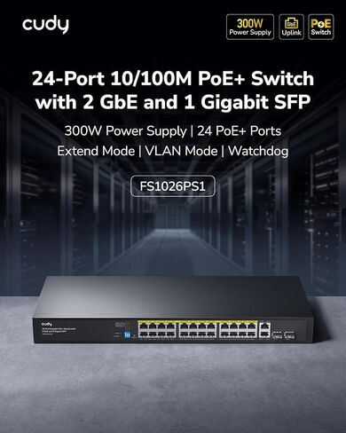 محول Cudy 100Mbps Ethernet غير مُدار PoE+، 300 وات، 24 منفذ FbE، 802.3af/at PoE+، 1 SFP، 2 جيجابت Uplink، حامل حامل 19 بوصة، FS1026PS1 in Kuwait