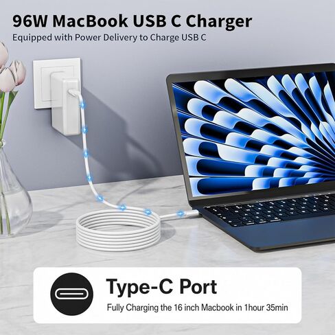 شاحن Mac Book Pro - محول طاقة شاحن سريع USB C بقدرة 96 وات مع كابل USB C بطول 6.6 قدم، متوافق مع MacBook pro/Air 16 15 14 13 بوصة/ipad Pro وجميع الأجهزة من النوع C، تتضمن حقيبة تخزين إضافية in Kuwait