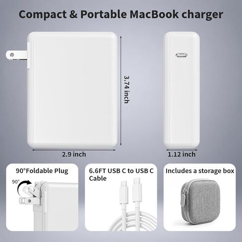 شاحن Mac Book Pro - محول طاقة شاحن سريع USB C بقدرة 96 وات مع كابل USB C بطول 6.6 قدم، متوافق مع MacBook pro/Air 16 15 14 13 بوصة/ipad Pro وجميع الأجهزة من النوع C، تتضمن حقيبة تخزين إضافية in Kuwait