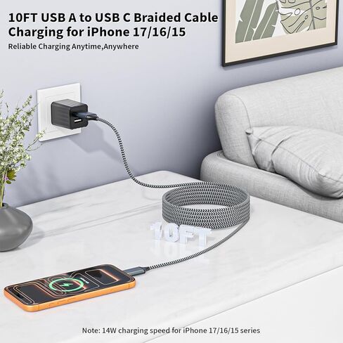 10FT USB to UAB C Cable,3Pack USB A to USB C 10FT Fast Charging Braided Cable for iPhone 17/16/15,Car Carplay Cable Upgraded Extra Durable USB to USB C Cord for iPhone 17 16 15,Galaxy S26/S25 and more in Saudi Arabia