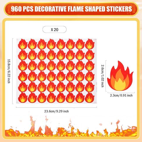 FOBSME 960 Pcs Flame Stickers Labels Waterproof Fire Vinyl Stickers Cute Self-Adhesive Flame Sticker for Sealing Envelope, Scrapbooking, Fire Truck Theme Birthday Decor, Laptop, Luggage Decals in Kuwait