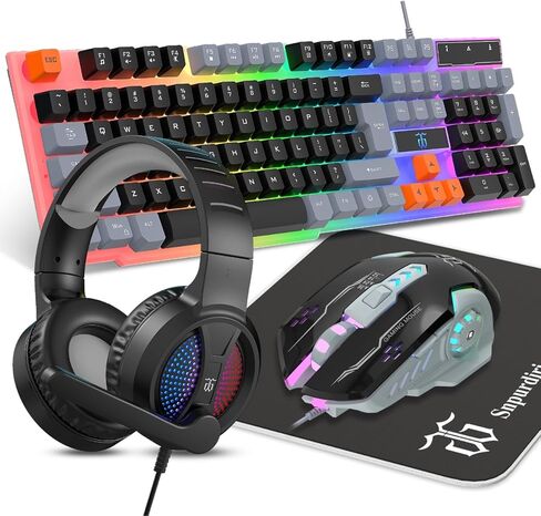 Gaming Keyboard and Mouse, Headphones, Mouse pad, All in One Combo for PC Gamers and Xbox and PS4 Users-Black Grey Orange in Kuwait