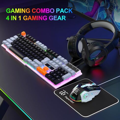 Gaming Keyboard and Mouse, Headphones, Mouse pad, All in One Combo for PC Gamers and Xbox and PS4 Users-Black Grey Orange in Kuwait