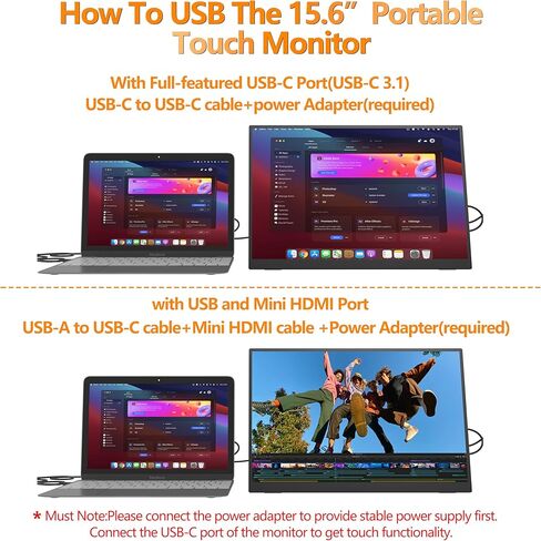 Portable Touchscreen Monitor 15.6'' 1080P HDR Display, USB-C Vertical Monitor with Stand & Speakers, VESA Compatible External Monitor for Laptop Mac Windows Android (No Touch for iPhone/iPad/Consoles) in Kuwait