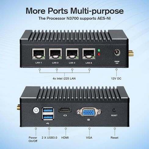 جهاز جدار حماية صغير بدون مروحة كمبيوتر صغير Intel J3710 رباعي النواة، 4 × Intel i226 Ethernet LAN بوابة تحكم ناعمة لجهاز التوجيه، اختبار AES NI مع pf-Sense/opn-Sense Wi-Fi (8G 128GB) in Kuwait