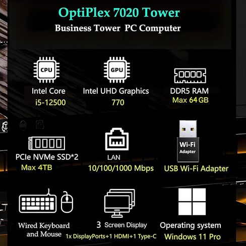كمبيوتر مكتبي للأعمال Dell OptiPlex 7020 7000 Series Tower Business، Intel 6-Core i5-12500 (Beat i7-11700)، ذاكرة الوصول العشوائي DDR5 سعة 64 جيجابايت، 1 تيرابايت PCIe SSD، DVDRW، محول WiFi، RJ-45، HDMI، DisplayPort، Windows 11 Pro in Kuwait