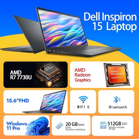 Dell Inspiron 15 Touchscreen Laptop Computer, 15.6" FHD Anti-Glare, AMD Ryzen 7 7730U, 20GB RAM, 512GB SSD, Windows 11 Pro, Numeric Keypad, Copilot AI, Business & Students, Office 365 for the Web in Kuwait