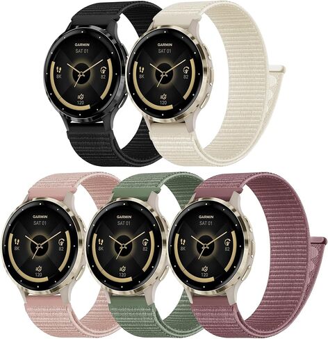 5 عبوات من النايلون الرياضي المتوافق مع Garmin Venu 3S/Venu 2S، 18 ملم من النايلون الناعم المسامي وقابل للغسل واستبدال سوار المعصم لـ Vivoactive 4S/Forerunner 255S/265S للنساء والرجال in Kuwait